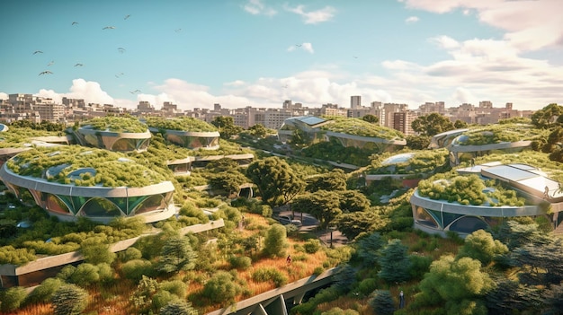 IA generativa cria uma paisagem urbana sustentável com painéis solares e telhados verdes sob um céu cheio de céu azul limpo