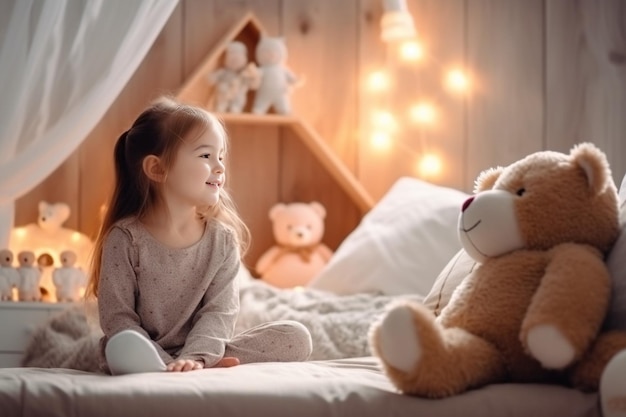 IA generativa criança sorridente e feliz Retrato de uma menina bebê de fralda sentada alegremente