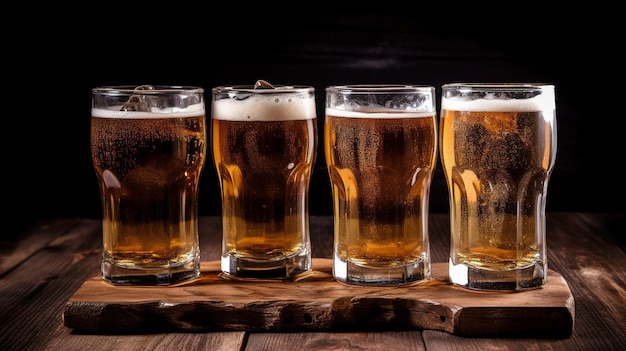 IA Generativa Cuatro Vasos de Cerveza y Cerveza Fría Fresca