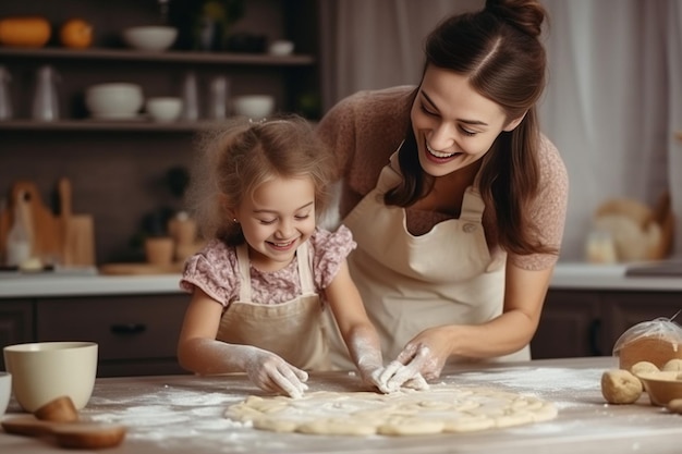 IA generativa cuidando da jovem mãe e da adorável filha cozinhando na cozinha