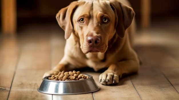 IA generativa Cute Labrador comiendo comida seca de un tazón