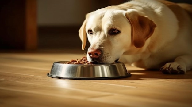 IA generativa Cute Labrador comiendo comida seca de un tazón