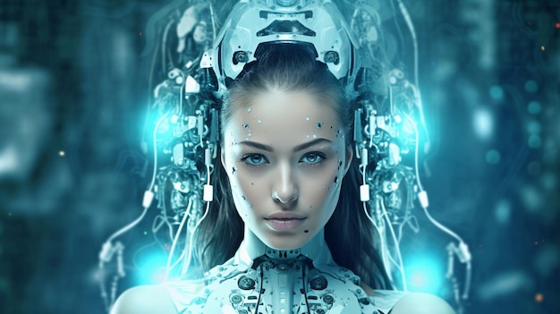 IA generativa con un cyborg femenino de fondo