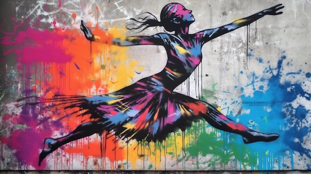 IA generativa Dança mulher ou menina movimento dinâmico Tinta tinta salpicos coloridos arte graffiti de rua