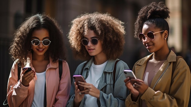 IA generativa de mulheres jovens e seus amigos em pé e usando smartphones