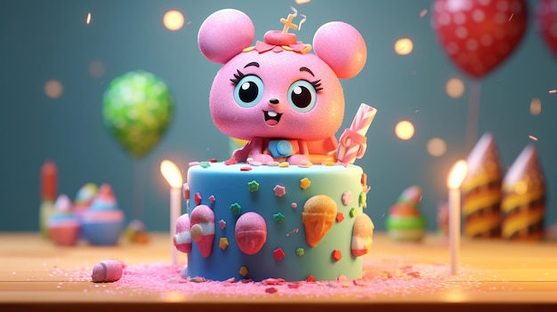 IA generativa de personagem de bolo de aniversário bonito dos desenhos animados