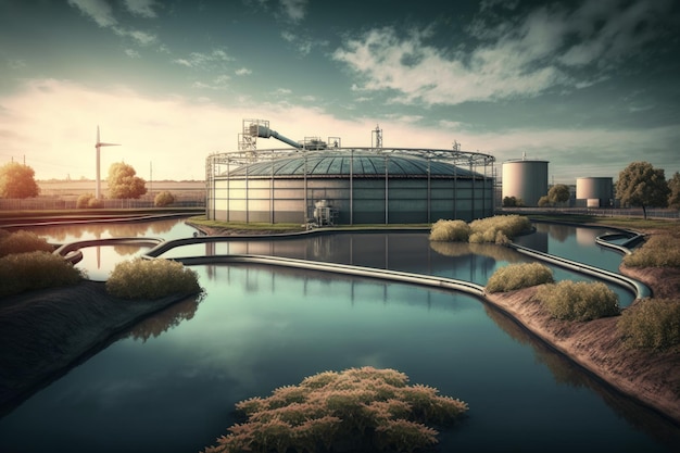 IA generativa de um grande edifício industrial com um lago em primeiro plano