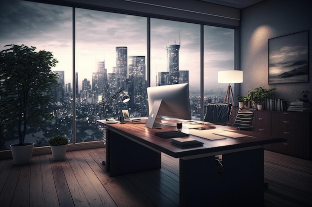 IA generativa de um interior de escritório moderno com vista panorâmica da cidade