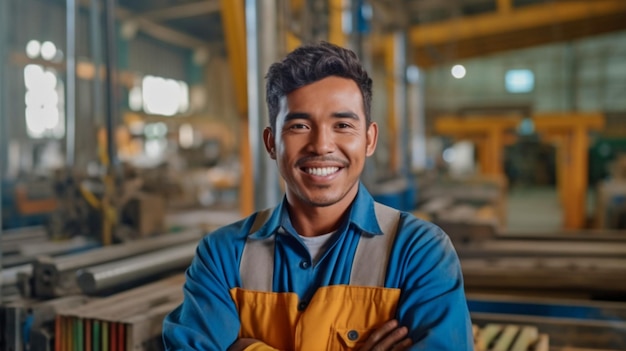 Foto ia generativa de um jovem operário sorridente em uma fábrica