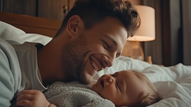 IA generativa de um novo pai feliz e sorridente abraçando um lindo bebê que está descansando de costas na cama