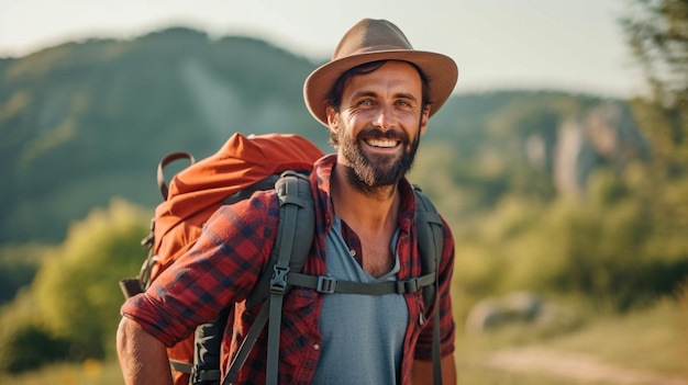 IA generativa de um viajante sorridente que está aproveitando sua viagem