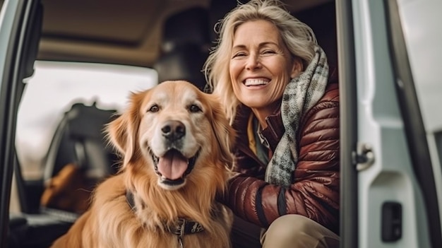 IA generativa de uma anfitriã sênior feliz cuidando de seu golden retriever ao lado de uma van