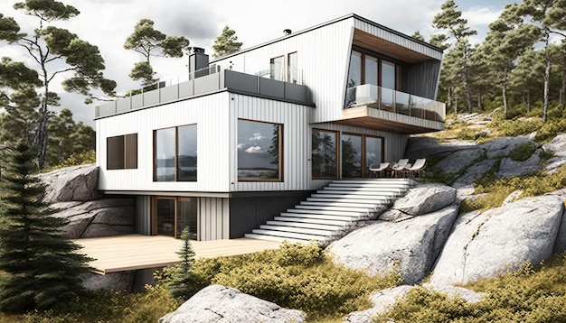 IA generativa de uma casa moderna e aconchegante de dois andares com fachada de prancha de madeira Dia de verão claro e ensolarado com céu azul
