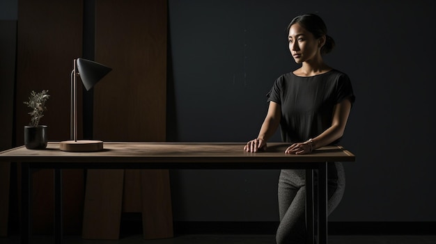 IA generativa de uma mulher em pé e apoiada em uma mesa