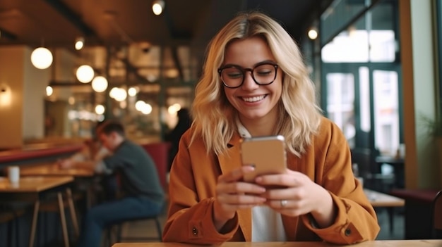 IA generativa de uma profissional loira sorridente em seu telefone em um café