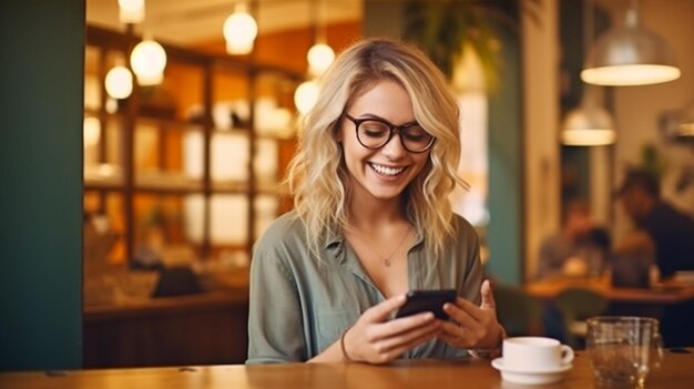 IA generativa de uma profissional loira sorridente em seu telefone em um café