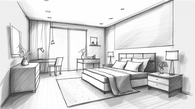 IA generativa un dormitorio minimalista con un vestidor dibujando a mano un boceto de un proyecto de diseño de interiores a medida que el lugar toma forma