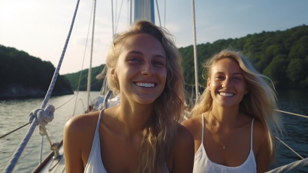 IA generativa dos atractivas mujeres sonrientes en trajes que utilizan una tableta en la cubierta de un yate