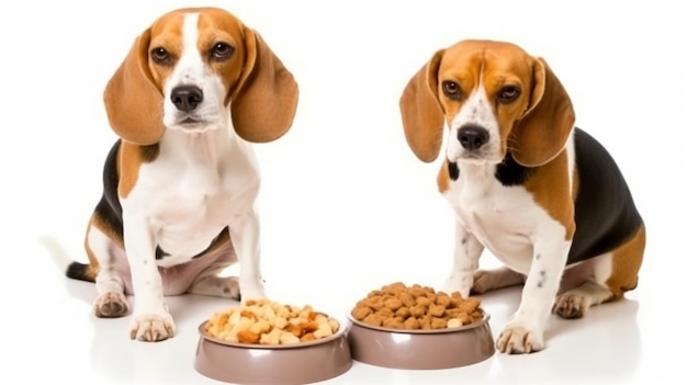 IA generativa dos beagles sentados con un plato de comida seca