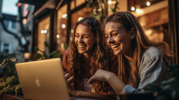 Foto ia generativa dos jóvenes mujeres de negocios exitosas sentadas en un café al aire libre y mirando la tecnología digital