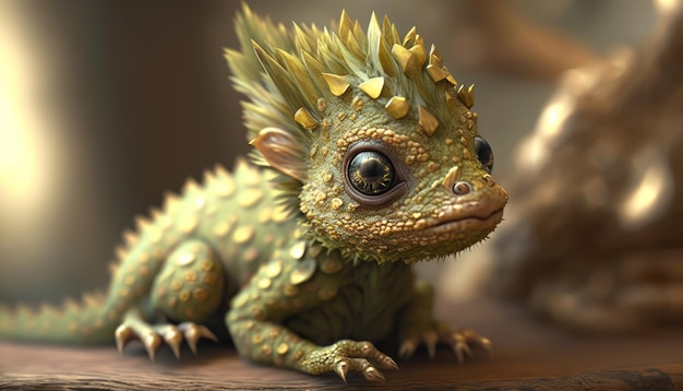 IA generativa de un dragón bebé verde sobre un fondo de madera