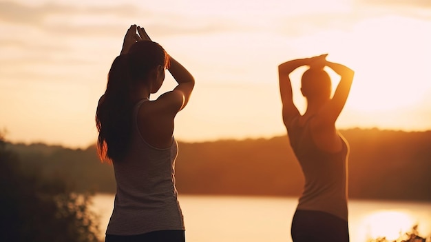 IA generativa duas mulheres ioga ao ar livre pôr do sol