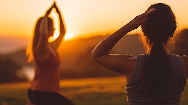 IA generativa duas mulheres ioga ao ar livre pôr do sol