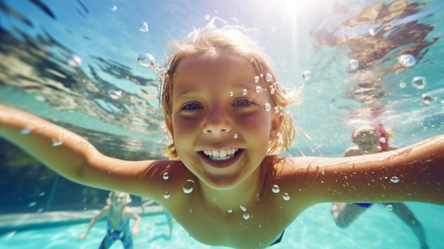 IA generativa e crianças nadando em uma piscina