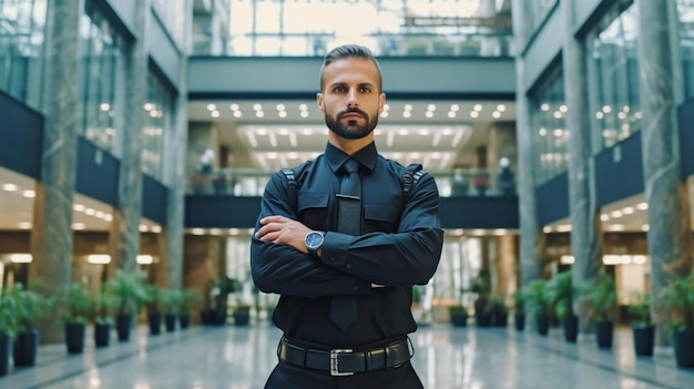 Foto ia generativa e segurança autoconfiante em um centro de negócios