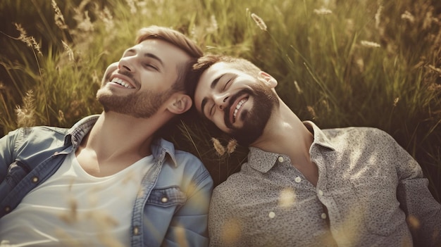 IA generativa e um casal gay relaxando na grama