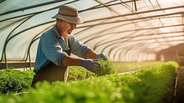 IA generativa e um homem jardinando em uma estufa