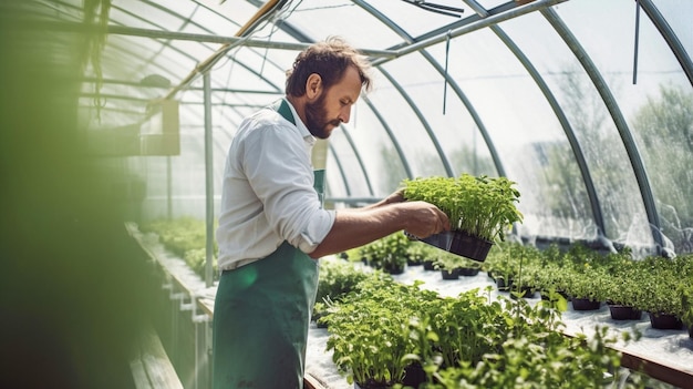 IA generativa e um homem jardinando em uma estufa