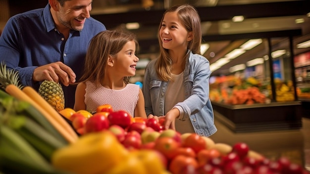 Foto ia generativa e uma família com uma criança fazendo compras