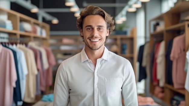 IA generativa é usada para selecionar uma nova camisa de um jovem bonito vestindo roupas casuais