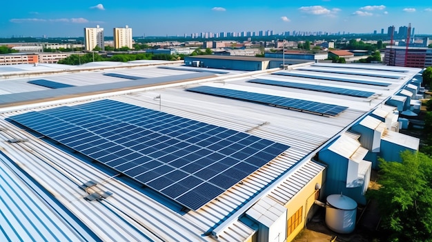 IA generativa Edificio de fábrica moderno con sistema solar montado en el techo