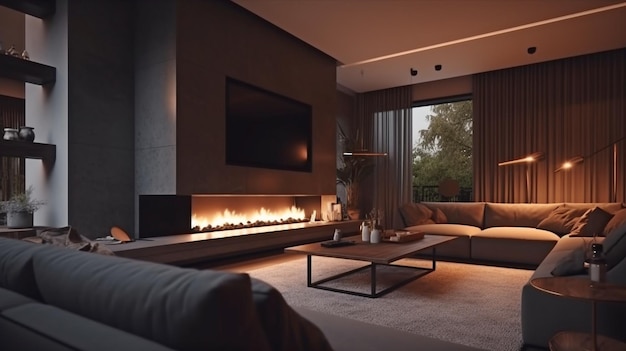 IA generativa en una elegante sala de estar con un bonito sofá, mesa, televisor y chimenea