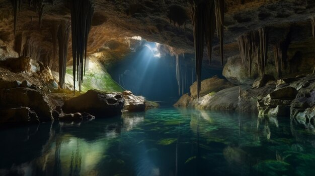 IA generativa em uma caverna com rio subterrâneo e cachoeira