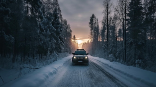 IA generativa em uma estrada de inverno pela floresta à noite