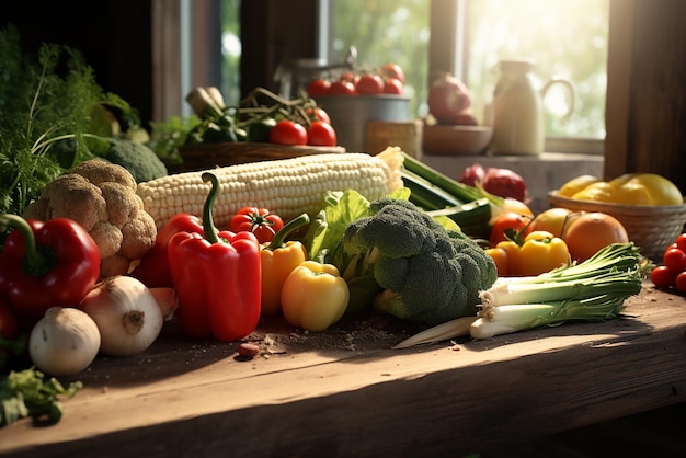 IA generativa em uma mesa há muitos tipos de vegetais frescos