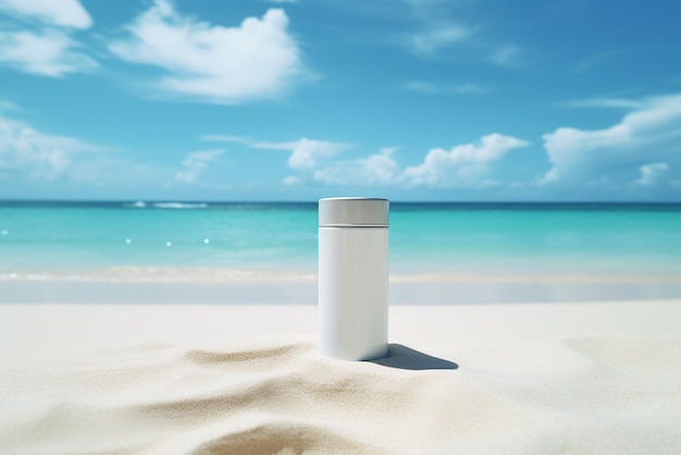 IA generativa un envase cosmético en la arena de una playa