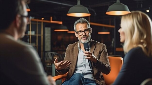 La IA generativa es utilizada por un periodista masculino para entrevistar a una mujer en un estudio