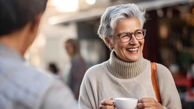Foto ia generativa está sendo usada por uma idosa aposentada com cabelos grisalhos curtos enquanto toma um café com a vizinha