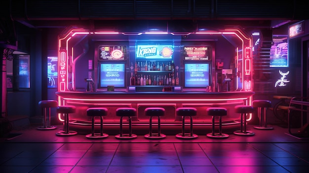 IA generativa Estilo ciberpunk bar o cafetería Escena nocturna de la gran ciudad futurista nostálgica de los años 80 y 90