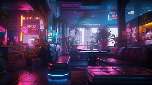 IA generativa Estilo ciberpunk bar o cafetería Escena nocturna de la gran ciudad futurista nostálgica de los años 80 y 90