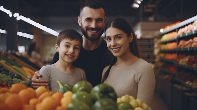 IA generativa familia feliz comprando en el supermercado