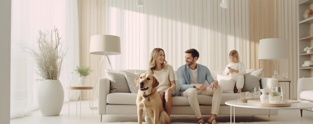 IA generativa Familia joven con niños y un perro sosteniendo un techo sobre sus cabezas y sonriendo felizmente mientras están sentados