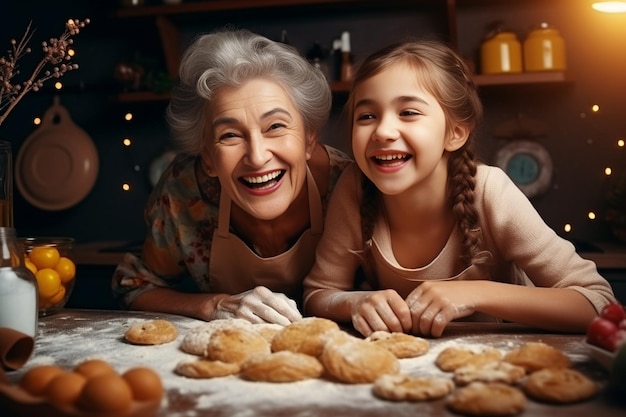 IA generativa Feliz abuela madura enseñando a su adorable nieta a rodar masa