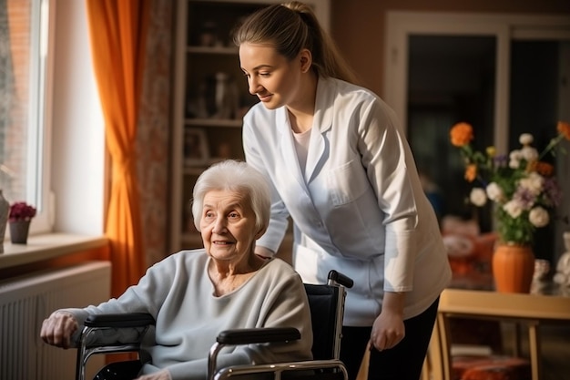 IA generativa Feliz anciana hablando con una enfermera amigable en la sala geriátrica