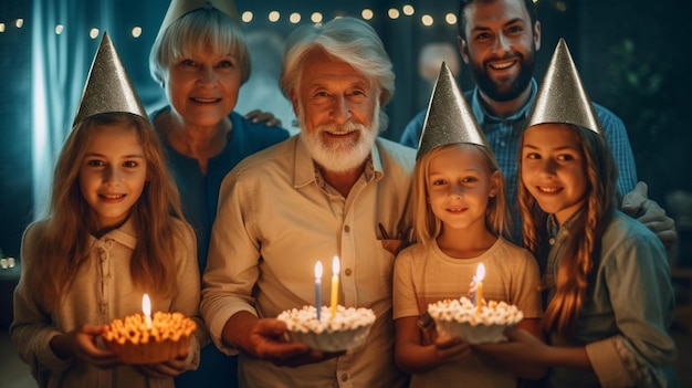 IA generativa Feliz, grande e linda família com chapéus de festa, batendo palmas e sorrindo enquanto comemora