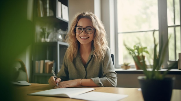 IA generativa feliz mujer independiente alegre con gafas y ropa casual analizando información